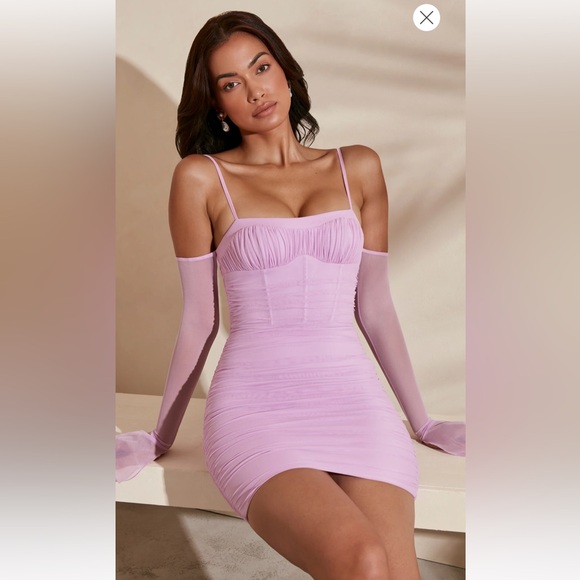 Oh Polly Corset Bustier Bodycon Ruched Fitted Mini Summer Dress in Pinky Lilac - Picture 1 of 14